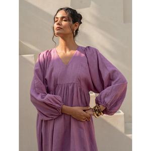 Vestido maxi bohemio vintage de algodón y lino, manga larga, corte holgado, estilo fluido, minimalista, para verano, para mujer. - Product Image 1