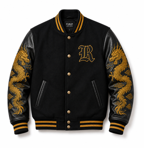 Veste universitaire en cuir pour homme Furat Leathers, hiver, noir et or, imprimé dragon japonais, coupe-vent, respirante, décontractée - Product Image 1