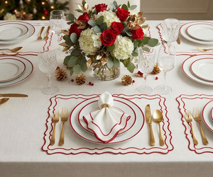 Ensemble de sets de table et serviettes en lin brodés sur mesure, bordure double festonnée rouge, style traditionnel, lavable, pour la maison et les fêtes, vente en gros - Product Image 3