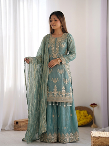 Ensemble haut, palazzo et dupatta en soie pure Fendi, broderie de perles fantaisie, entièrement cousu, avec doublure en micro-coton, tenue de fête MHI 894 - Product Image 2