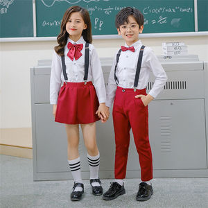 Uniforme Escolar Primario Unisex para Niños de BARU ENTERPRISES, Camisa Blanca, Falda a Cuadros Azul, Pantalones, Corbata de Moño Roja, Algodón Oxford - Product Image 4