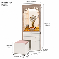 Mandir Pooja Kayu Solid Modern Tradisional Mewah dengan Detail Ukiran, untuk Penggunaan Dalam Ruangan, Dilengkapi Bangku Warna Ivory Lembut
