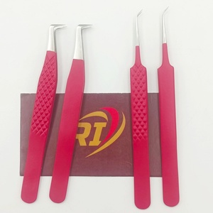 Pinzas para extensión de pestañas de acero inoxidable color rojo con logotipo personalizado OEM para salón de belleza, venta al por mayor, punta corta de 4 mm. - Product Image 1