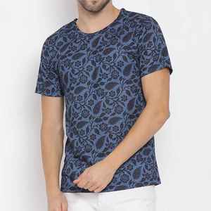 <b>Men's</b> O-Neck Short Sleeve <b>T</b>-<b>Shirt</b> Regular Fit <b>Floral</b> Pattern Blue Knitted Casual - Product Image 1