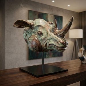 Sculpture de tête de rhinocéros en bois sur support en métal, style rustique tribal, objet décoratif de table, accent de décoration intérieure - Product Image 4
