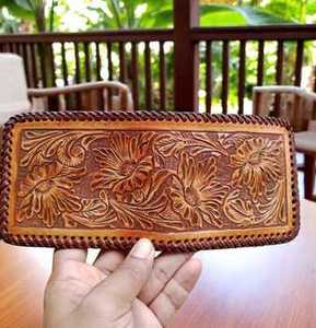 100% Genuine Leather Multi Color Hand Tooled Florals Carved Border Hard Stitched Open Portable Bi-Fold Card Money Carry Men's - Product Image 4
