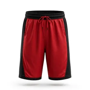 Shorts Bermuda Homme Rouge et Noir en Maille, Taille Élastique, Tenue Décontractée Sportive, Tissu Peigné Polyester, Logo Personnalisé, Bande Latérale, En Stock - Product Image 1