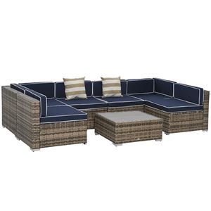 Set Divano da Esterno Moderno in Rattan a 7 Pezzi con Cuscini Blu, Cuscini Decorativi e Tavolino da Tè - Product Image 1