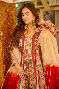 TENNECY Nouveau Ensemble Robe-Dupatta en soie chinon prête-à-porter, imprimée numériquement, avec broderies de fil doré et décorations de miroirs originales, pour tenue de soirée - Product Image 3