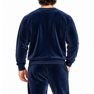 <b>Mens</b> Velvet Fabric Tracksuit Crew Neck Sweatshirt Subtle Chest Motif Jogger <b>Pants</b> Ribbed Cuffs Casual Two Piece <b>Lounge</b> Wear Suit - Product Image 5
