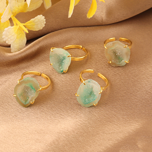 Luxury Fashion Jewelry Mode Joyas Women's 18k Gold Plated Brass Gemstone Raw Green Druzy Agate Punk <b>Adjustable</b> <b>Rings</b> Trendy - Product Image 5