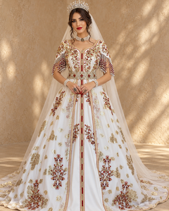 Caftan de mariée algérien rouge rubis ivoire avec broderie dorée, manches à franges de perles, ceinture ornée de bijoux, voile, pour femme, robe longue de soirée arabe respirante, col en V - Product Image 1