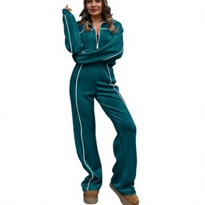 <b>Women</b> Satin <b>Tracksuit</b> Set 2 Piece Full Sleeve Zip Up Top High Waist Wide Leg Pants Solid Color <b>White</b> Piping Casual Wear - Product Image 4