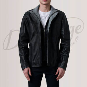 Chaqueta Premium para Hombre de Cuero Genuino Negro con Capucha Desmontable Gris, Ajuste Delgado, Estilo Casual Moto Bomber - Product Image 2