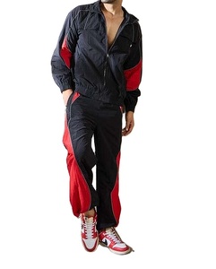 windbreaker suit black red colorblock nylon crinkle Fabric custom embroidery colorblock Windbreaker Sports Fashion anorak suit - Product Image 1