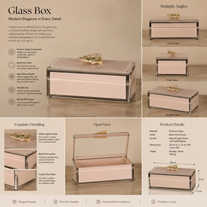 Blush <b>Pink</b> Glass Jewelry Storage Box with Natural Agate Handle Gold Accent Crystal Clear Edges Decorative Keepsake Organizer - Product Image 2