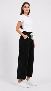 Pantalones Vaqueros Negros Holgados con Cordón Ajustable para Mujer, Cintura Elástica Completa, Transpirables y Cómodos, con Logotipo en el Bolsillo Trasero Derecho - Product Image 2