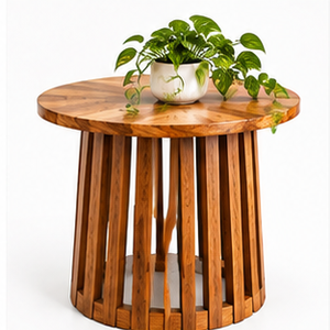Mesa Auxiliar Redonda de Madera de Teca Natural para Patio, Mesa Decorativa Hecha a Mano con Detalles de Cuerda y Tablero Resistente a la Intemperie para Comedor y Cocina - Product Image 1