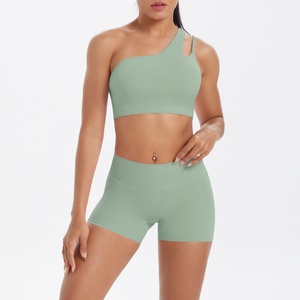 Custom 2026 Seamless One-Shoulder <b>Crop</b> <b>Top</b> High Waist Shorts 2 Piece Yoga Set Asymmetric Solid Green Activewear - Product Image 1