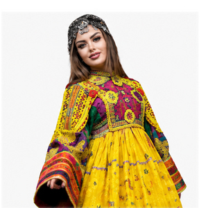 Vestido Tradicional Indio-Pakistaní Salwar Kameez para Mujer, Amarillo, de Algodón, Bordado, Largo hasta el Suelo, Corte Holgado, para Boda, Estilo Afgano Kuchi - Product Image 6