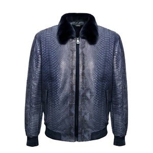 Blouson aviateur unisexe en cuir de luxe noir gaufré python, col rond, imperméable et respirant - Product Image 4