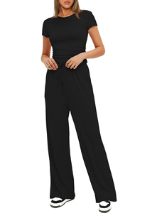 Ensemble décontracté 2 pièces pour femme : crop top uni à manches courtes et short en spandex respirant avec cordon de serrage, coupe ajustée, printemps/été - Product Image 3