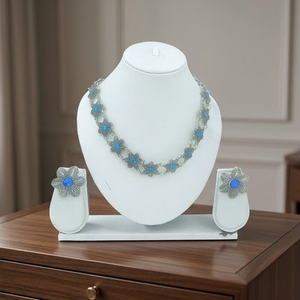 DIVYORO Bright Blue Floral Link Oxidized <b>Silver</b> Adjustable <b>Choker</b> Set for Women-Party Jewelry - Product Image 2