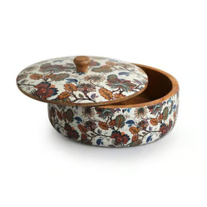 Handcrafted Mango Wood Chapati Hot Pot Enamelled Roti Storage Casserole with Lid for Kitchen and Dining <b>Table</b> Decor - Product Image 3