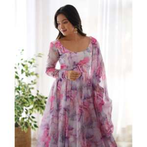 Ensemble de robe Anarkali en organza pur et doux, entièrement cousu DKB-263 - Product Image 1