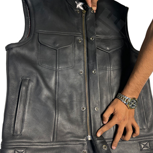 KAROZAN Men's Black Leather Jacket Full Sleeve Windproof Winter Style with Logo on <b>Back</b> Neck - Product Image 5