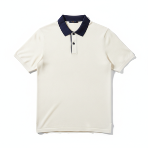 Polo en coton uni pour homme, manches courtes, coupe classique, tissage respirant, style décontracté, blanc avec col marine - Product Image 1
