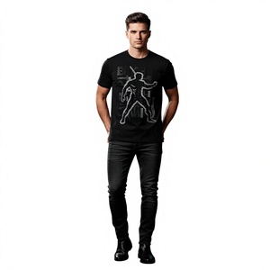 T-shirt à manches courtes noir pour homme avec motif en strass, col rond, coupe classique, tissu jersey décontracté, 100% coton - Product Image 6