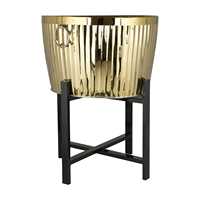 Pot Bunga Lantai Berbahan Baja Anti Karat Lapis Krom Emas Besar, Kokoh, Bergaris, dengan Dudukan Hitam Modern untuk Dalam & Luar Ruangan 30L