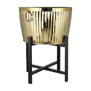 Grand pot de fleurs en acier inoxydable chromé or, robuste, à nervures, avec support noir, moderne, pour plantes d'intérieur et d'extérieur - Product Image 3