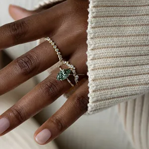 Green Marquise Cut Diamond Ring in Yellow Gold with Side Accent Diamonds Minimal Solitaire Engagement Ring for Women Fine Ring - Product Image 2