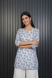 Kurti Corto con Motivo de Hojas para Mujer, Blusa Estampada de Mezcla de Algodón, Cuello Redondo, Manga Tres Cuartos, Completamente Cosida, Túnica Elegante - Product Image 6