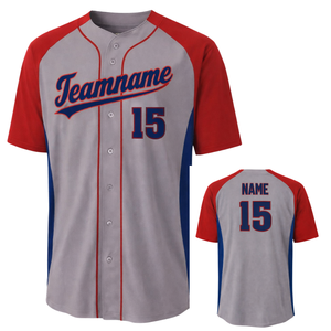 Camiseta de béisbol personalizada en rojo y gris con nombre del equipo, detalles personalizados del jugador y producción rápida - Product Image 1