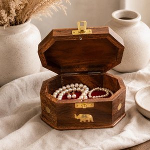 Wooden Jewelry Box Polygon Shape Carved Elephant Design Wabi Sabi Style <b>Storage</b> Box for Bedroom <b>Storage</b> Box Decorative Use - Product Image 6