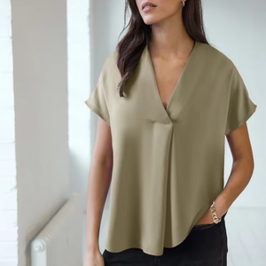 Blusa de Manga Corta con Cuello en V, Estilo Casual y Relajado, con Logotipo de Marca Personalizado OEM, Opciones de Varios Colores para Mujer - Product Image 5