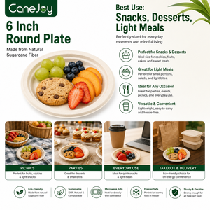 CaneJoy 6 Inch Round Bagasse <b>Plate</b> Eco-Friendly <b>Disposable</b> Compostable Microwave Safe for Snacks Desserts & Light Meals - Product Image 1