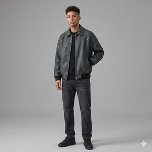 High Street Men's Retro Motorcycle Jacket American Vintage Lapel Design Maillard <b>Stand</b> Leather Canvas Waterproof Breathable <b>Work</b> - Product Image 5