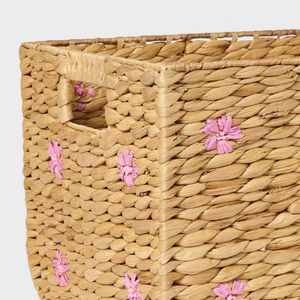 KV NATURAL HOME Floral Embroidered Eco-Friendly Water Hyacinth Rattan <b>Basket</b> Handles Open Top Woven Multifunction <b>Toy</b> <b>Storage</b> - Product Image 5