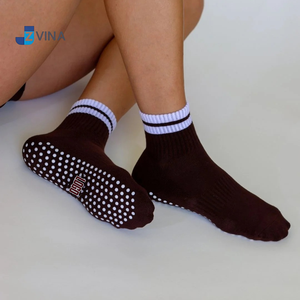 Custom LOGO Crew Pilates <b>Socks</b> Bottom Burgundy Color Stripes Design Dual Direction Inside Grip <b>Women</b> Anti Slip Yoga Barre Daily - Product Image 1