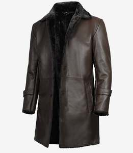 Manteau long en cuir véritable Eoin Winston Sports avec doublure en fausse fourrure marron foncé, veste d'hiver pour homme - Product Image 1