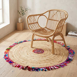 Tapis rond en jute tressé de 120 cm avec bordure décorative multicolore pour la décoration bohème de la maison - Product Image 3