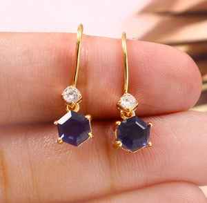 Pendientes de Zafiro Azul Ceilán Hexagonal, Plata de Ley 925, Chapados en Oro de 14K, Joyería Fina para Mujer - Product Image 1