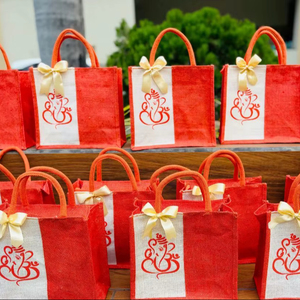 Indian Handmade Traditional Ganesh Print Jute Fabric <b>Bag</b> Wedding Party Favor Return <b>Gift</b> <b>Bags</b> for Housewarming Haldi Sangeet - Product Image 1