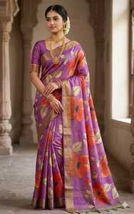 <b>Purple</b> Floral Printed Silk <b>Saree</b> With Gold Border Traditional Indian Wedding Wear For Women - Product Image 1