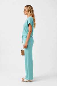 Conjunto de 2 piezas de punto acanalado para mujer de Oneten Apparels, top de manga corta con cuello redondo y pantalones largos, atuendo informal. - Product Image 4