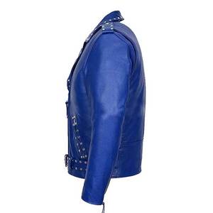 Blouson en cuir PU bleu unisexe, style motard, respirant, avec fermeture éclair, logo personnalisé, col en V, style streetwear, doublure en coton, pour l'automne - Product Image 3